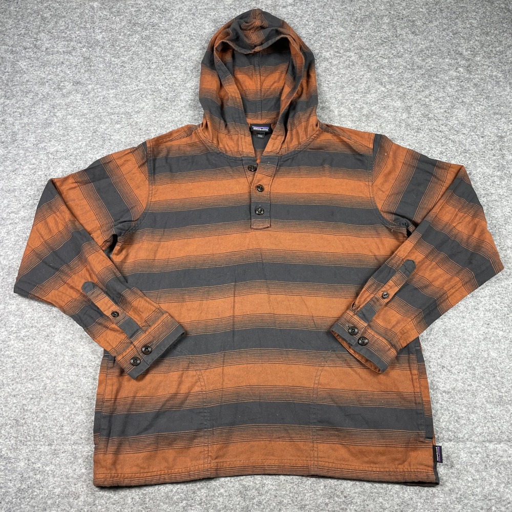 Patagonia Hoodie Mens Medium Orange Grey Fjord Flannel Henley Shadow Pullover